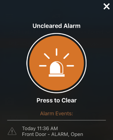 Unlceared Alarm screen