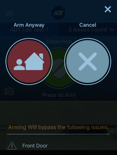 Arm Anyway or Cancel screen
