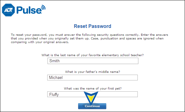 Reset Password Security Questions screen