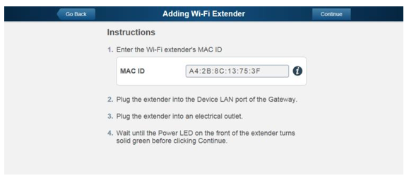 Add Wi-Fi Extender Enter MAC ID Screen