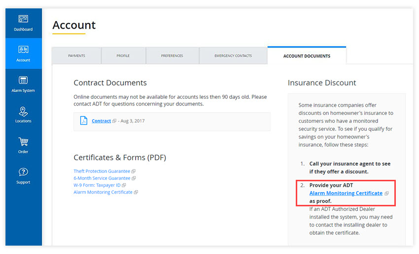 Insurance Certificates link under the Bill and Payment Summary section on the Account Overview page