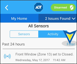 The All Sensors Activity screen Filter