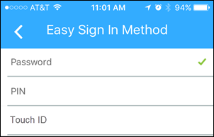 The Easy Sign In Method screen