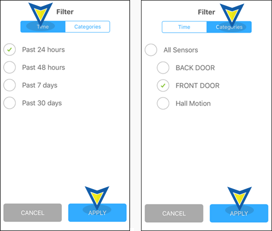 All Sensors Activity Filters Options