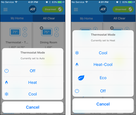 Thermostat Tile and Thermostat Settings Screen