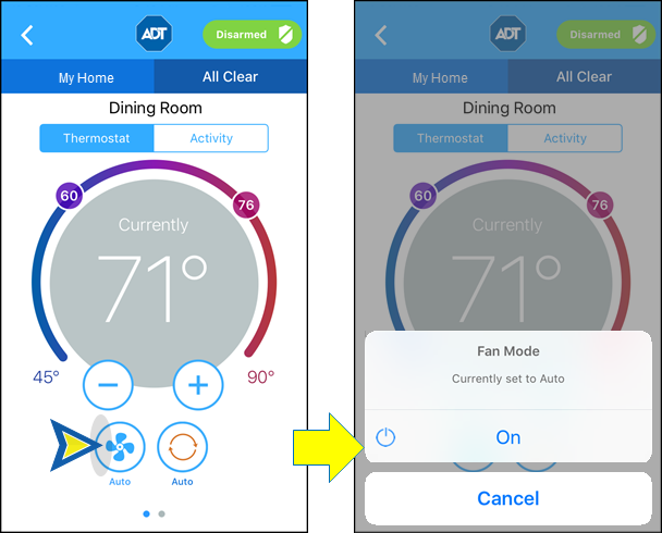 Thermostat Mode Screen and Mode Confirmation Screen